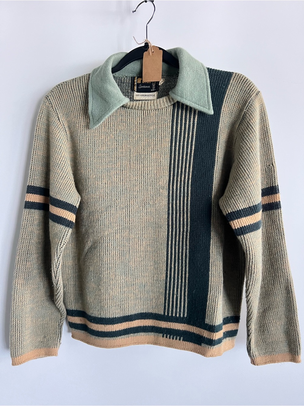 Vintage M’Briar Men's Green Stripe Collar Sweater